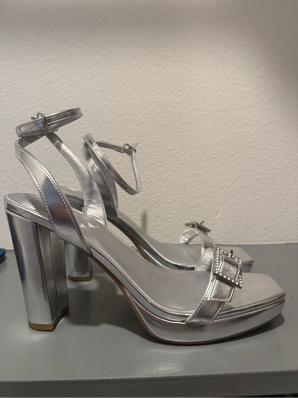 Silver Metallic Ankle-Strap Block Heel Sandals